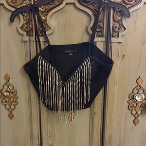 Haute Mona Black Camisole with dangling Silver rhinestones
